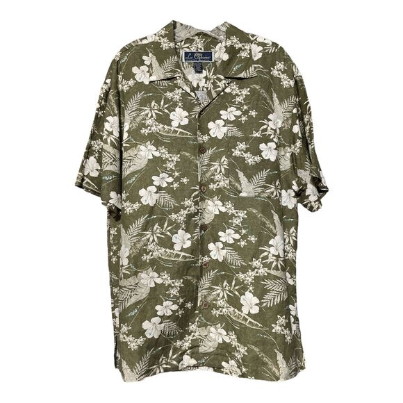 La Cabana Mens Green Floral Linen Blend Hawaiian Camp Shirt Size Medium - Picture 1 of 4